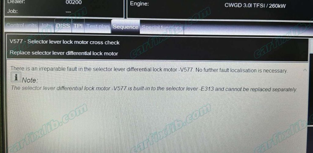 V577 motor for selector level fault