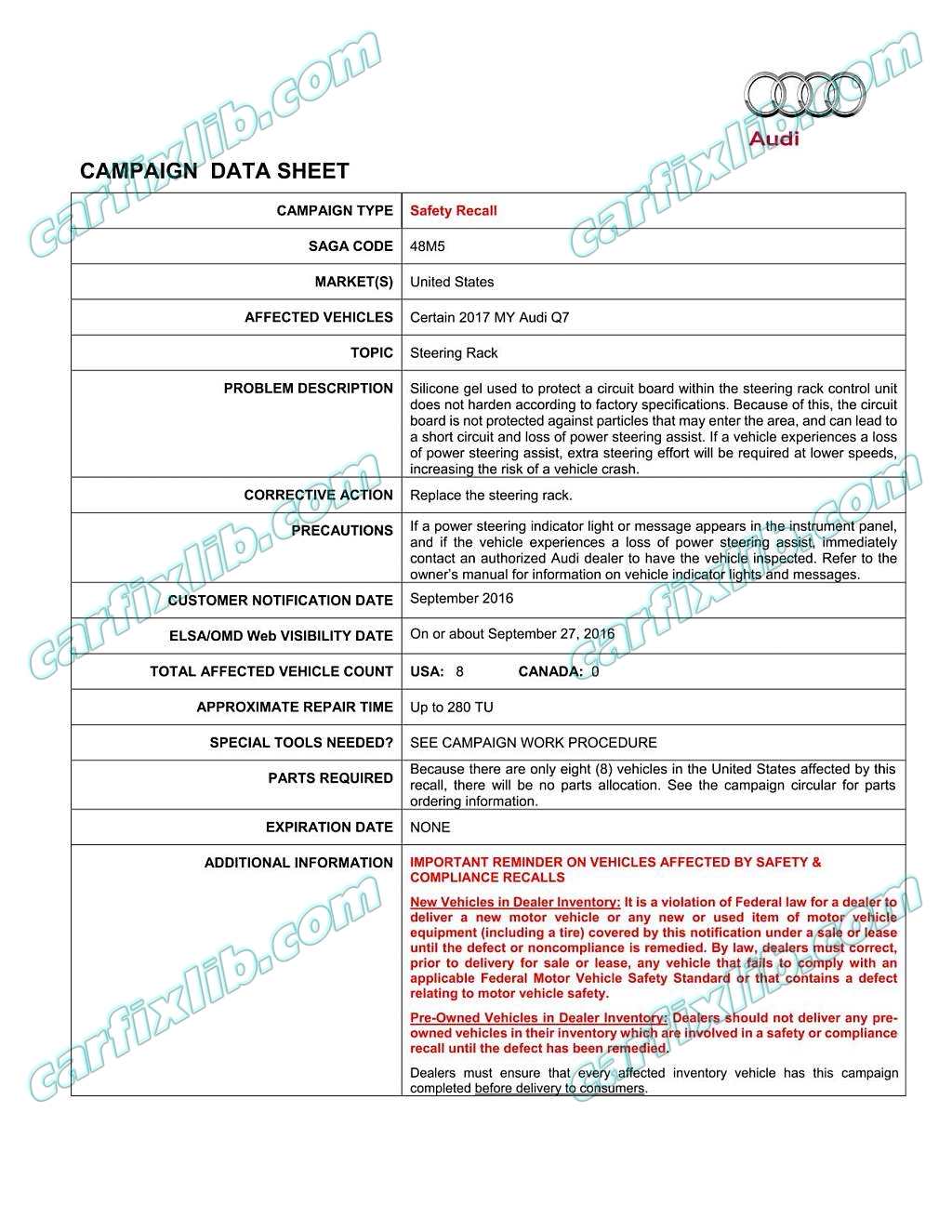 Audi Q7 Power steering safety recall campaign