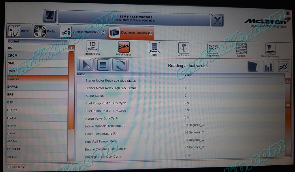 Mclaren 650s ECM Starter Data Stream